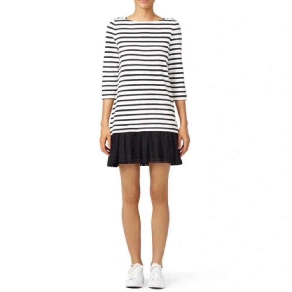KATE SPADE Broome Street Womens Eyelet Stripe Dress Sz XS Black White Boat Neck